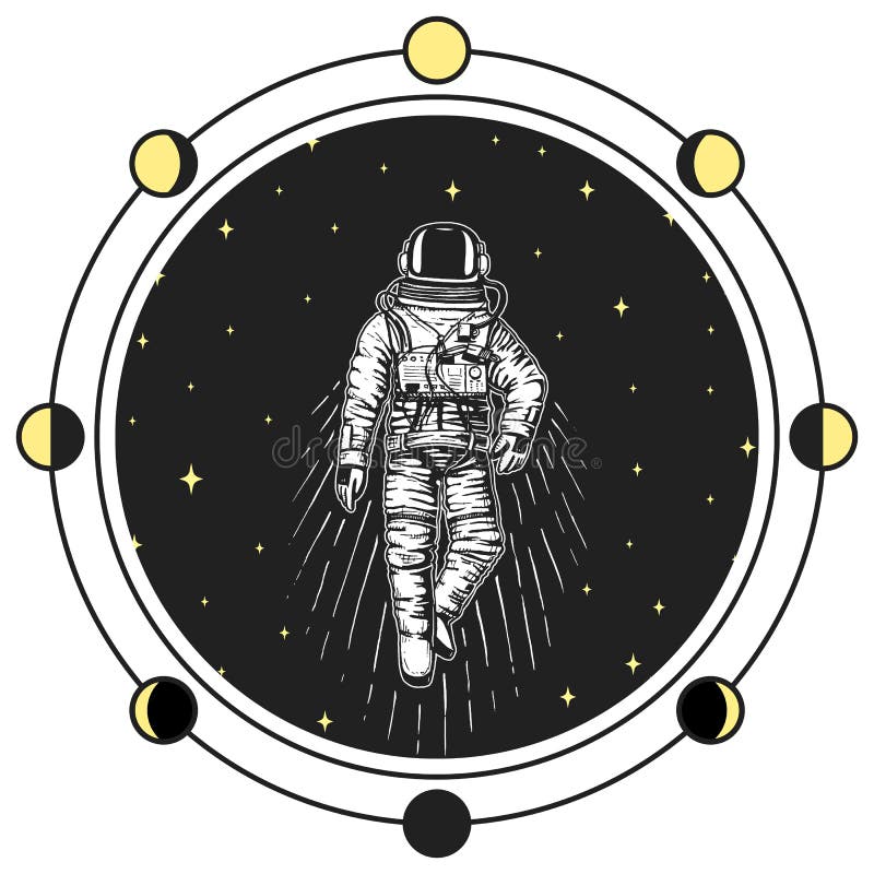 Astronauta del astronauta La luna organiza los planetas en Sistema Solar espacio astronómico de la galaxia el cosmonauta explora stock de ilustración