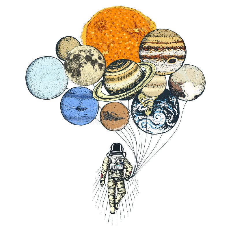 Astronauta del astronauta Planetas en Sistema Solar espacio astronómico de la galaxia el cosmonauta explora aventura Mano grabada ilustración del vector