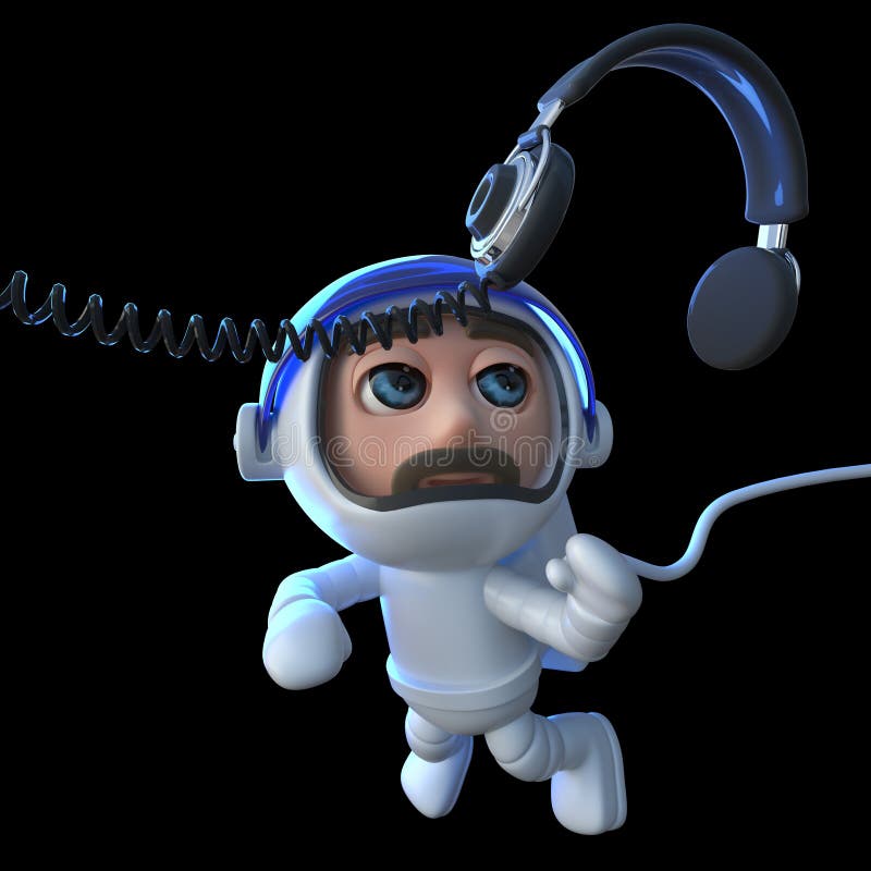 3d render of a funny cartoon spaceman astronaut chasing a pair of headphones in space. 3d render of a funny cartoon spaceman astronaut chasing a pair of headphones in space