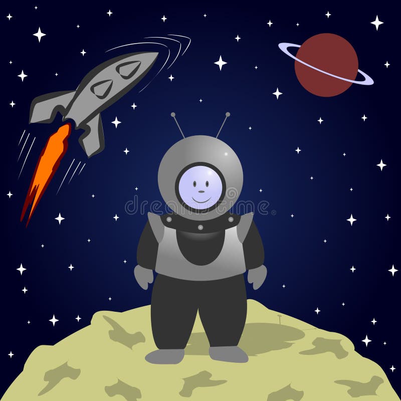 Astronauta dos desenhos animados na lua Paisagem do espaço ilustração royalty free Astronauta dos desenhos animados na lua Paisagem do espaço ilustração royalty free