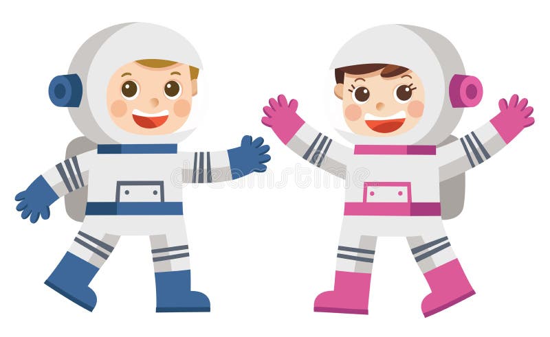 Astronauta dziewczyna w astronautycznym kostiumu i chłopiec
