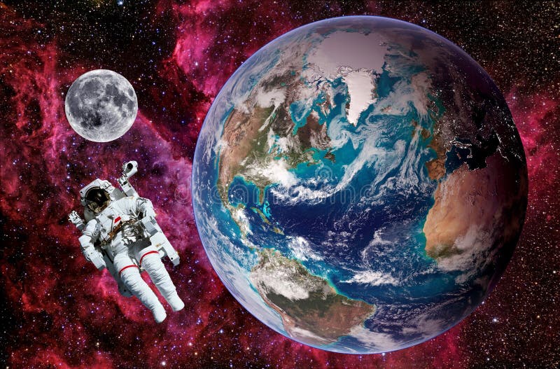 Astronaut moon Earth red stars space background. Elements of this image furnished by NASA. Astronaut moon Earth red stars space background. Elements of this image furnished by NASA.