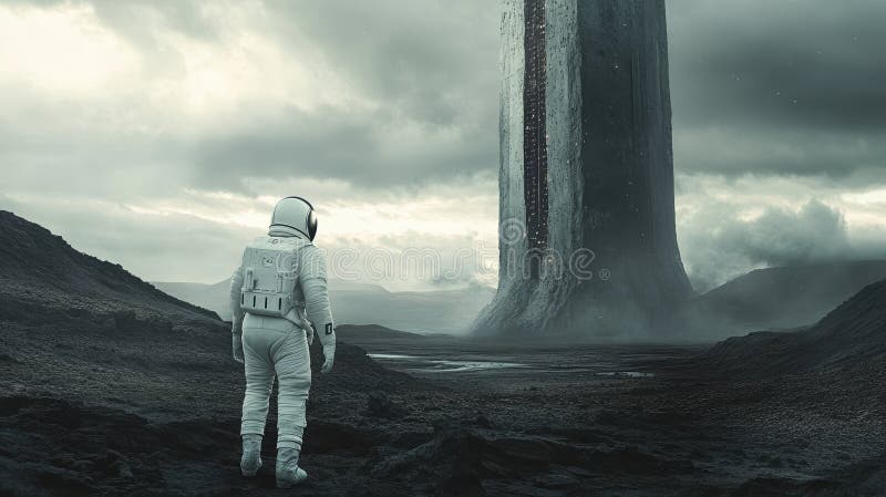 Astronauta esplora misteriosi paesaggi alieni con monoliti torrenziali a distanza sotto il cielo nuvoloso illustrazione vettoriale