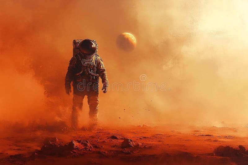 Astronauta esplorare un misterioso pianeta alieno con un'esplorazione arancione dello spazio e un concetto di avventura scifia illustrazione vettoriale