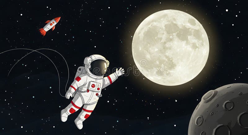 Astronauta flotando en el espacio llegando a la luna con cohete stock de ilustración