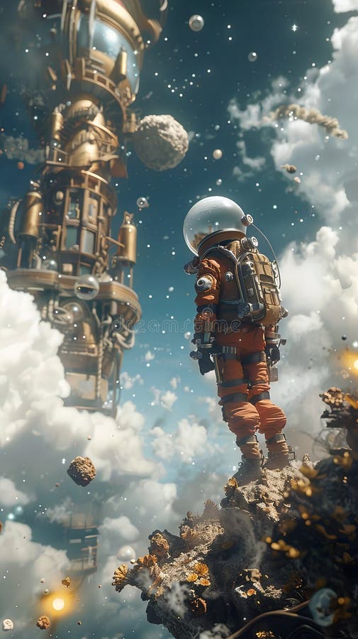 Astronauta futurista che esplora il misterioso paesaggio cosmico nell'avventura spaziale profonda illustrazione vettoriale