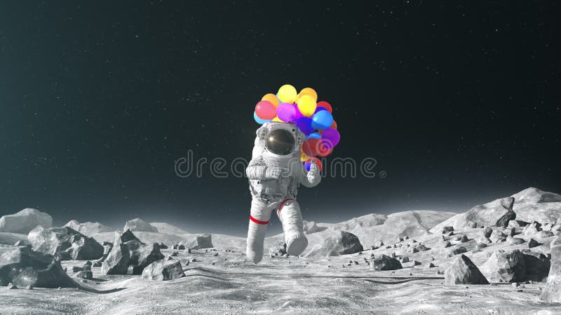 Astronauta skacząca na księżyc kolorowymi balonami piękne koncepcyjne animacje 3d 4k 3840 x 2160