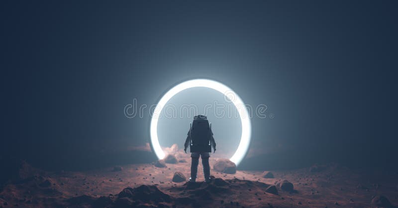 Astronaut on foreign planet in front of spacetime portal light. Science fiction universe exploration. 3D render. Astronaut on foreign planet in front of spacetime portal light. Science fiction universe exploration. 3D render