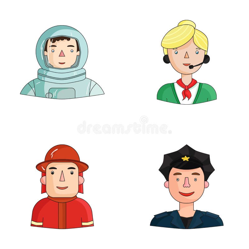 Astronauta w spacesuit, współpracownik z mikrofonem, palacz w hełmie, policjant z odznaką na jego nakrętce ilustracja wektor