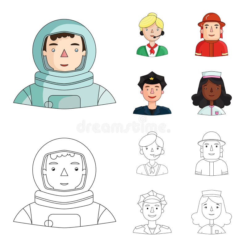 Astronauta w spacesuit, współpracownik z mikrofonem, palacz w hełmie, policjant z odznaką na jego nakrętce ilustracji