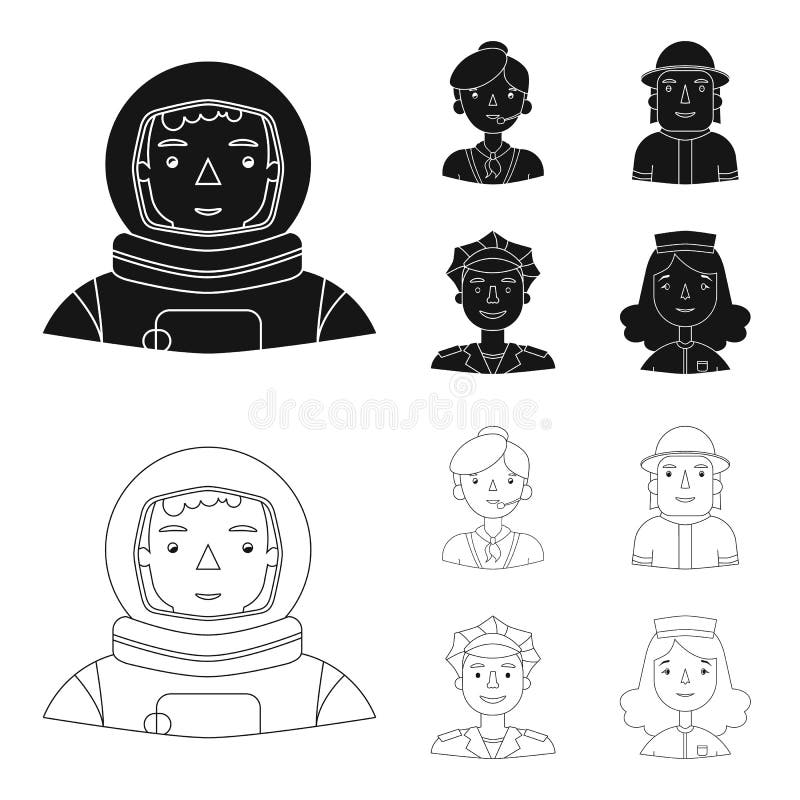 Astronauta w spacesuit, współpracownik z mikrofonem, palacz w hełmie, policjant z odznaką na jego nakrętce ilustracji