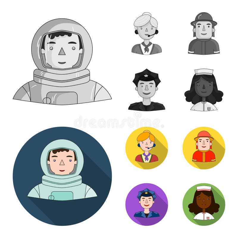 Astronauta w spacesuit, współpracownik z mikrofonem, palacz w hełmie, policjant z odznaką na jego nakrętce royalty ilustracja