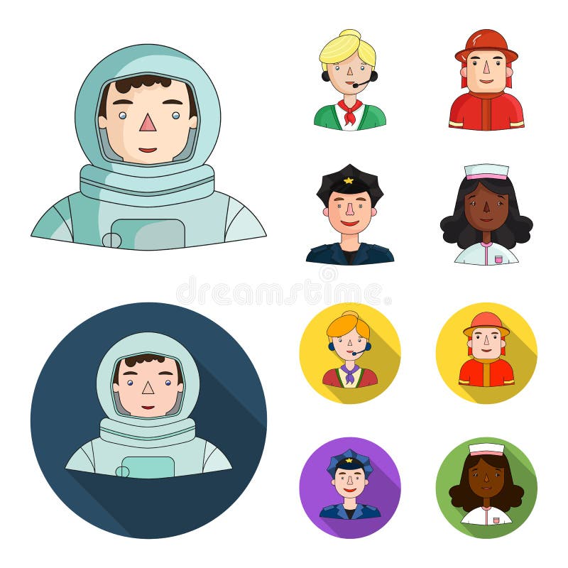 Astronauta w spacesuit, współpracownik z mikrofonem, palacz w hełmie, policjant z odznaką na jego nakrętce ilustracji