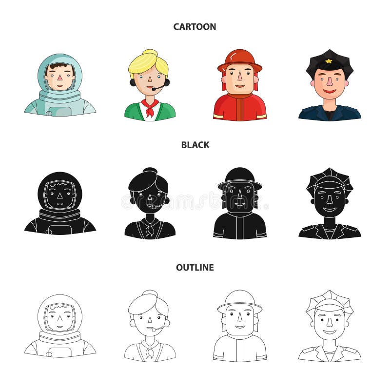 Astronauta w spacesuit, współpracownik z mikrofonem, palacz w hełmie, policjant z odznaką na jego nakrętce royalty ilustracja