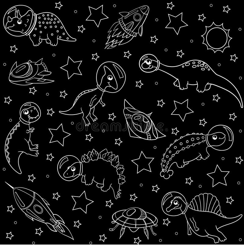 Astronauta dino engraçado no espaço dinossauro no espaço vetor desenhado à  mão para colorir crianças