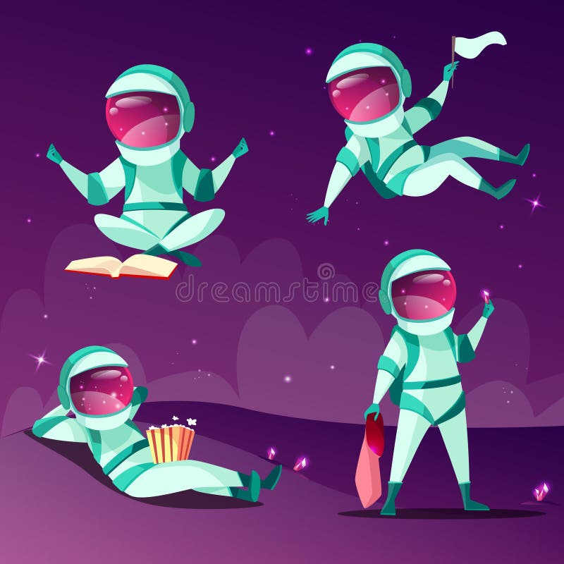 Astronautas en el ejemplo de la historieta del vector del planeta de la gravedad cero de la ingravidez libre illustration Astronautas en el ejemplo de la historieta del vector del planeta de la gravedad cero de la ingravidez libre illustration