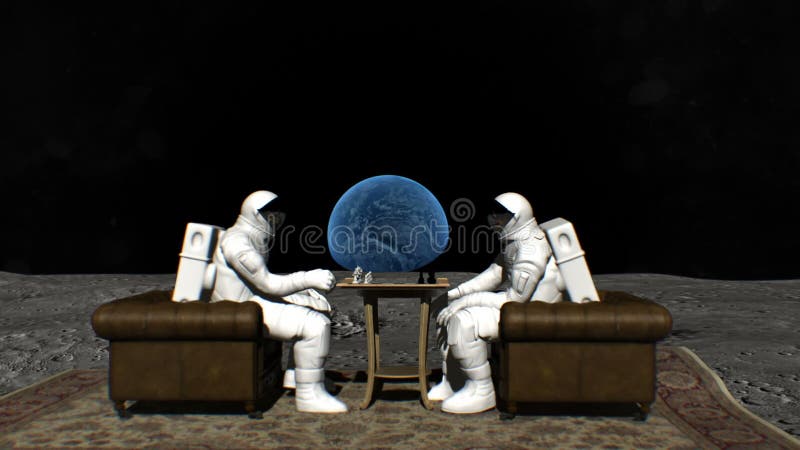 2 Astronautas Jogando Xadrez Na Lua Em Cadeiras De Couro Confortáveis Filme  - Vídeo de viseira, povos: 184647206