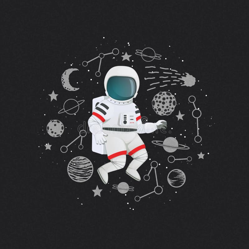 Astronaute de bande dessinée avec des planètes, des étoiles, la comète et des constellations sur un fond foncé Exploration, illus illustration stock Astronaute de bande dessinée avec des planètes, des étoiles, la comète et des constellations sur un fond foncé Exploration, illus illustration stock
