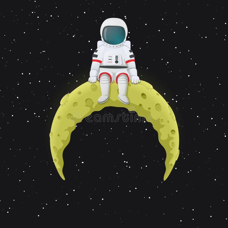 Astronaute de bande dessinée s'asseyant sur le croissant de lune jaune Espace extra-atmosphérique avec des étoiles à l'arrière-pl illustration libre de droits Astronaute de bande dessinée s'asseyant sur le croissant de lune jaune Espace extra-atmosphérique avec des étoiles à l'arrière-pl illustration libre de droits