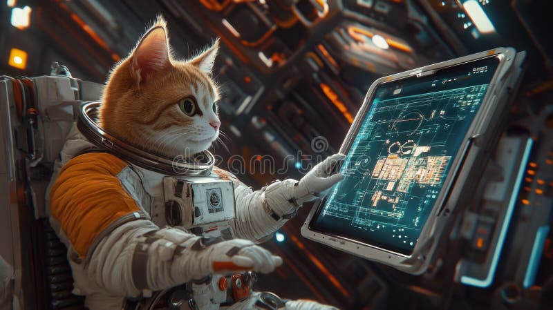 Astronaute félin naviguant dans l'espace avec tablette dans un vaisseau futuriste image libre de droits