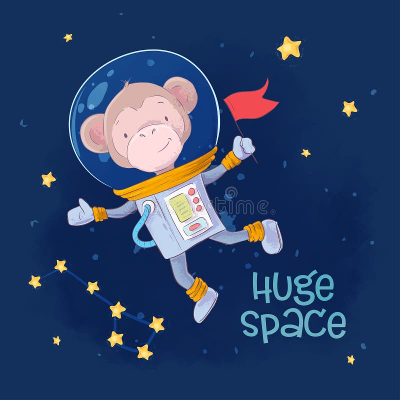 Astronaute mignon de singe d'affiche de carte postale dans l'espace avec les constellations et les étoiles dans un style de bande illustration stock Astronaute mignon de singe d'affiche de carte postale dans l'espace avec les constellations et les étoiles dans un style de bande illustration stock