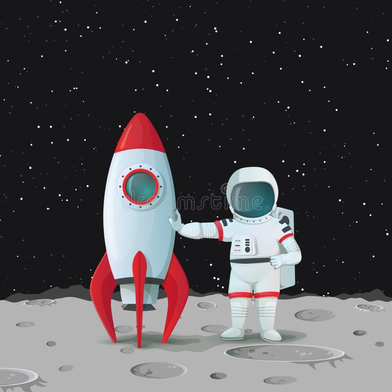 Astronaute sur la surface de la position de lune près du rocketship et de le toucher avec une main et avec l'autre main sur les h illustration libre de droits Astronaute sur la surface de la position de lune près du rocketship et de le toucher avec une main et avec l'autre main sur les h illustration libre de droits