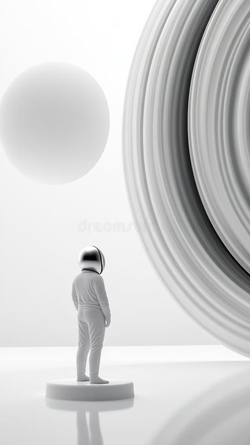 Astronauten blickt in abstrakten Himmelsformen in einem minimalistischen weißen Raumschiff lizenzfreie stockfotografie