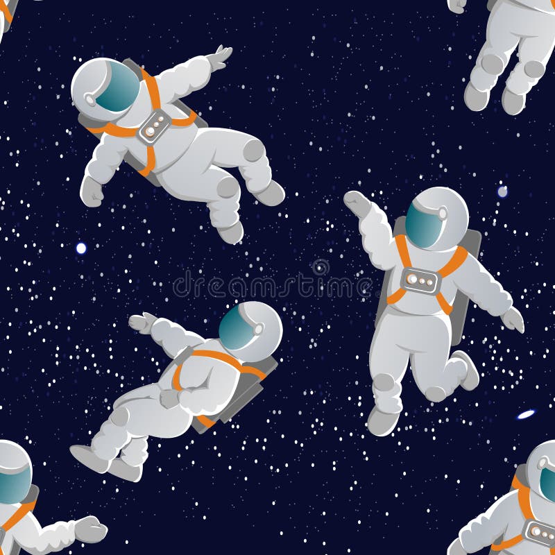 Astronauten mit Raumanzügen in den verschiedenen Haltungen Nahtloses vektormuster stock abbildung Astronauten mit Raumanzügen in den verschiedenen Haltungen Nahtloses vektormuster stock abbildung