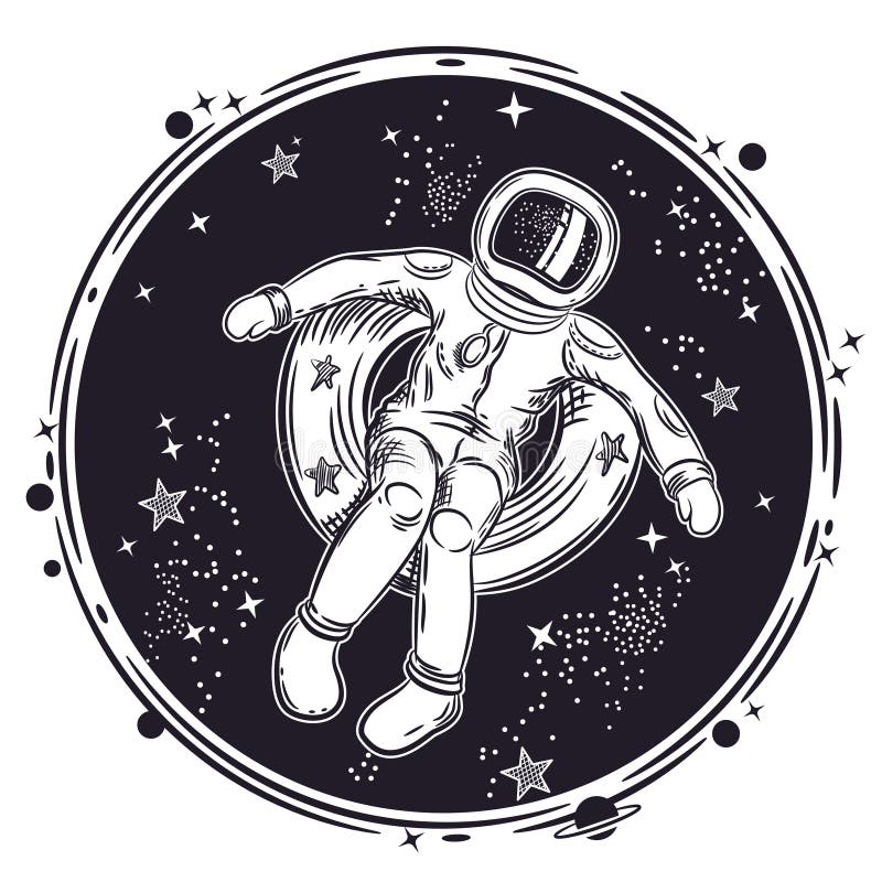 Astronautet svävar i utrymme på en uppblåsbar cirkel Vektorillustration på ett tema av astronomi Runt emblem stock illustrationer Astronautet svävar i utrymme på en uppblåsbar cirkel Vektorillustration på ett tema av astronomi Runt emblem stock illustrationer