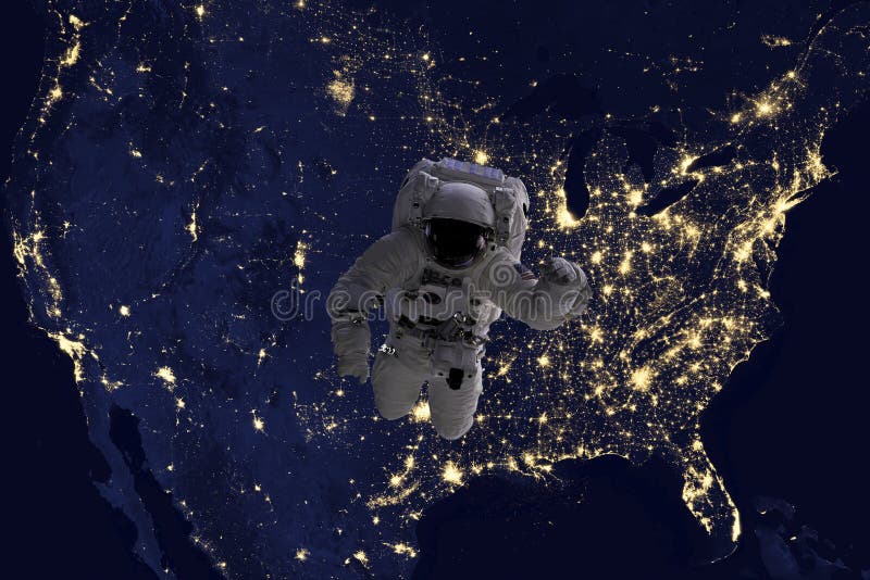 Astronautflyg i öppet utrymme över USA under natt, nära jord Bild som göras av NASAfoto f fotografering för bildbyråer Astronautflyg i öppet utrymme över USA under natt, nära jord Bild som göras av NASAfoto f fotografering för bildbyråer