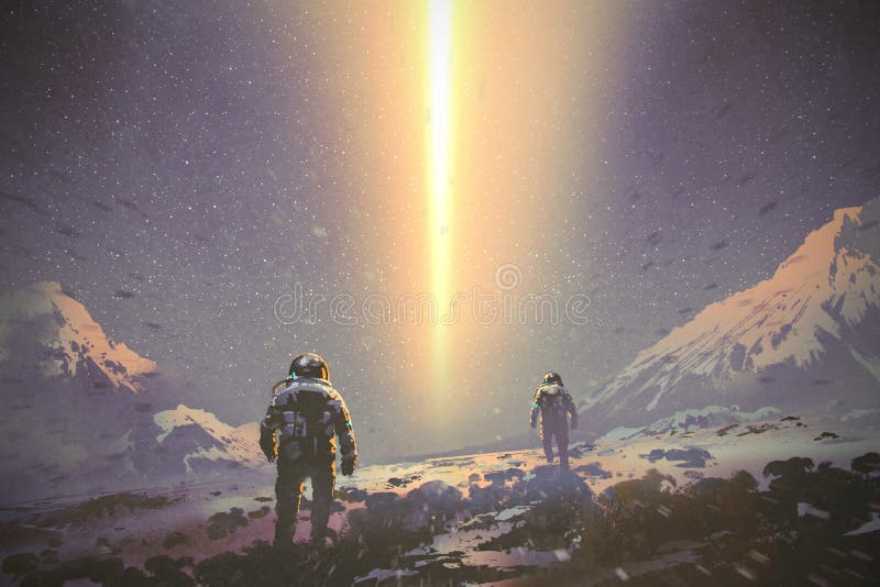 Astronauti che camminano al raggio luminoso di mistero dal cielo royalty illustrazione gratis