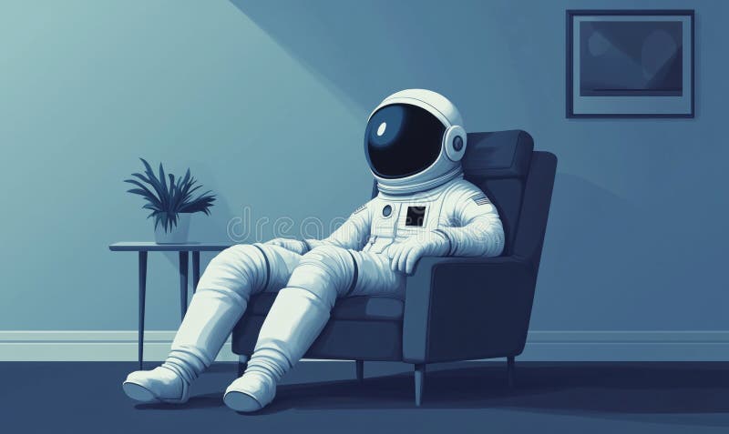 Astronautin entspannen im Stuhl moderne Inneneinrichtung blauen Farben minimalistische Dekoration Pflanzen auf Tisch eingerahmt Ku stockfotos