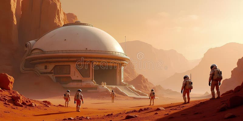 Astronauts exploring Mars-like landscape with futuristic dome building. royalty free illustration