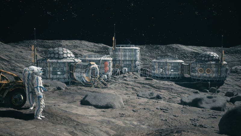 Astronauts Near Their Lunar Rover Admire the Lunar Base of Their Lunar ...