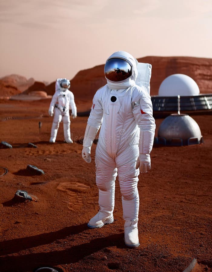 Astronauts in pristine white spacesuits explore Mars\' red surface near dome habitats, showcasing realistic details of space royalty free illustration