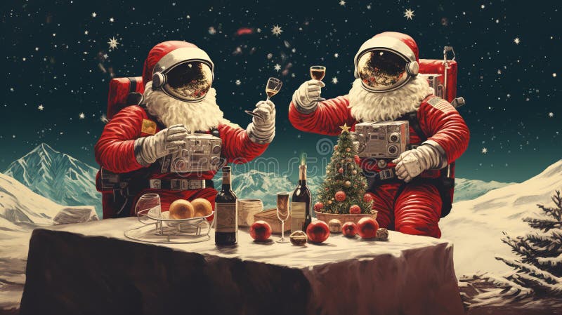 Astronauts in Spacesuits Celebrate Christmas on the Surface of the Moon. Festive Table with 