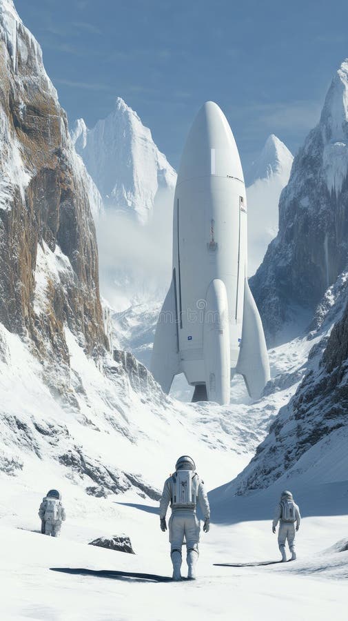Astronauts watch a rocket launch amidst towering snowy mountains, AI stock photos