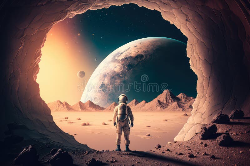 Astronautul aventuros explorează o planetă misterioasă stock images