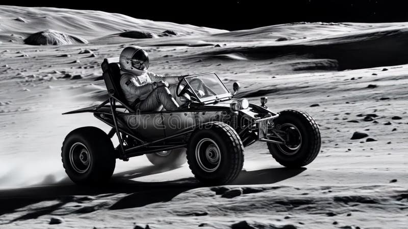 Astronautul care conduce un trover lunar pe suprafața lunii, în alb și negru. Explorator spațiu royalty free illustration