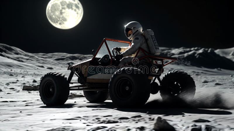 Astronautul care conduce un trover lunar pe suprafața lunii, în alb și negru. Explorator spațiu royalty free illustration