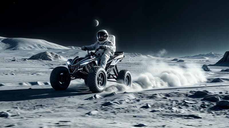 Astronautul care conduce un trover lunar pe suprafața lunii, în alb și negru. Explorator spațiu royalty free illustration