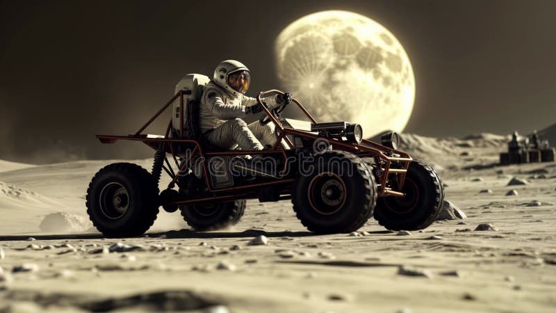 Astronautul care conduce un trover lunar pe suprafața lunii, în alb și negru. Explorator spațiu vector illustration