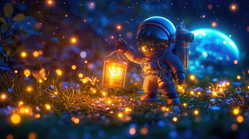 Astronautul care explorează un peisaj visător sub stele stock photo