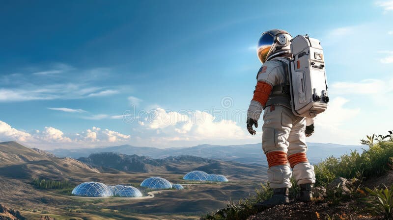 Astronautul care explorează viitorul peisaj al coloniilor marțiene sub cerul senin royalty free stock image