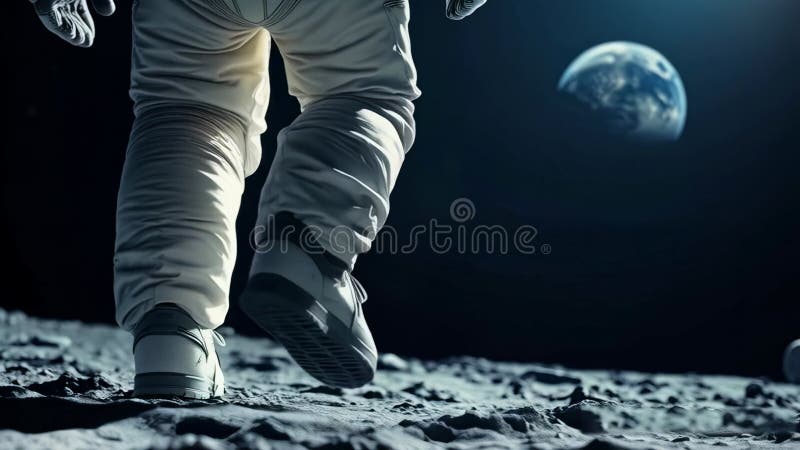 Astronautul care merge pe suprafața lunară cu Pământul vizibil în cerul întunecat, în văzul acoperișurilor spațiale și al terenulu royalty free illustration