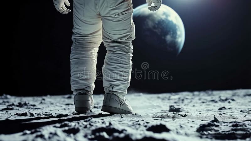 Astronautul care merge pe suprafața lunară cu Pământul vizibil în cerul întunecat, în văzul acoperișurilor spațiale și al terenulu vector illustration
