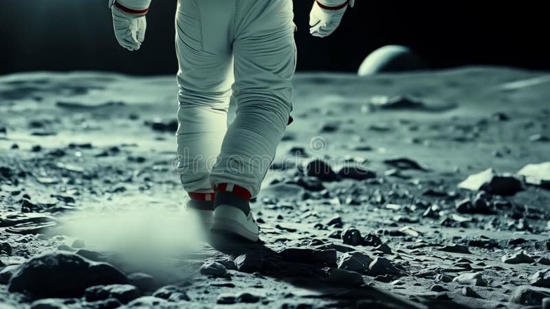Astronautul care merge pe suprafața lunară cu Pământul vizibil în cerul întunecat, în văzul acoperișurilor spațiale și al terenulu stock illustration