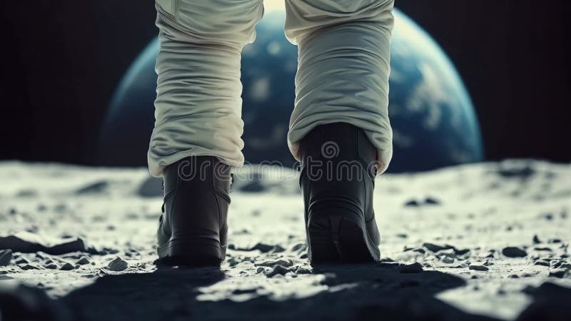 Astronautul care merge pe suprafața lunară cu Pământul vizibil în cerul întunecat, în văzul acoperișurilor spațiale și al terenulu stock illustration
