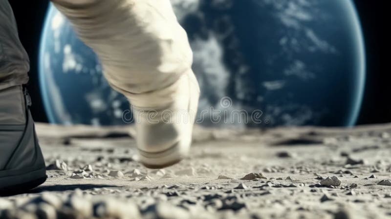 Astronautul care merge pe suprafața lunară cu Pământul vizibil în cerul întunecat, în văzul acoperișurilor spațiale și al terenulu vector illustration