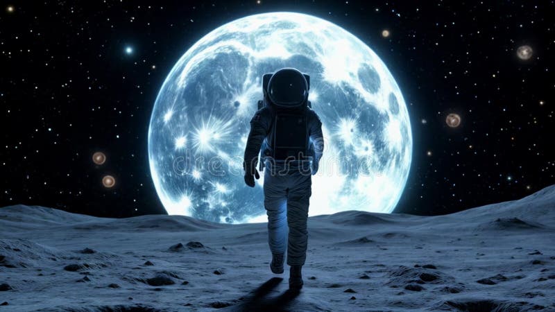 Astronautul care merge pe suprafața lunară cu Pământul vizibil în cerul întunecat, în văzul acoperișurilor spațiale și al terenulu vector illustration